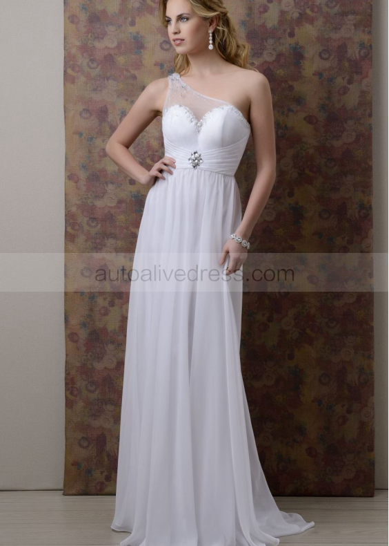 One Shoulder Ivory Chiffon Tulle Beaded Prom Dress